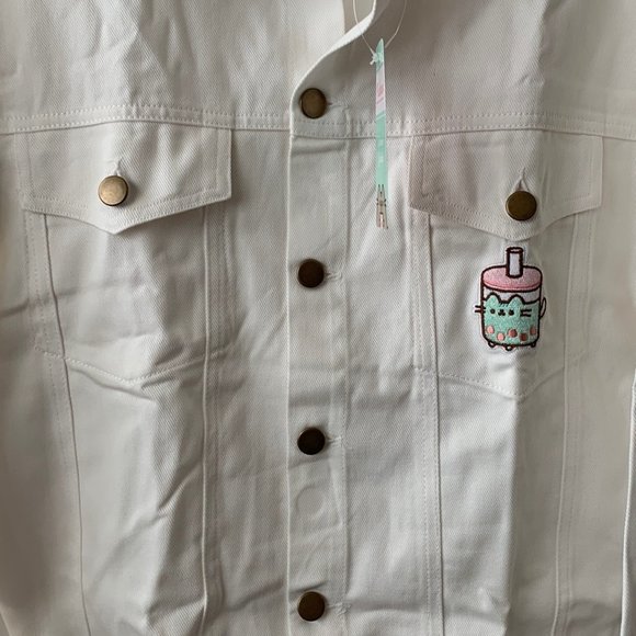 PUSHEEN CAT Boba Embroidered White Denim Jacket Sz M - Picture 4 of 7